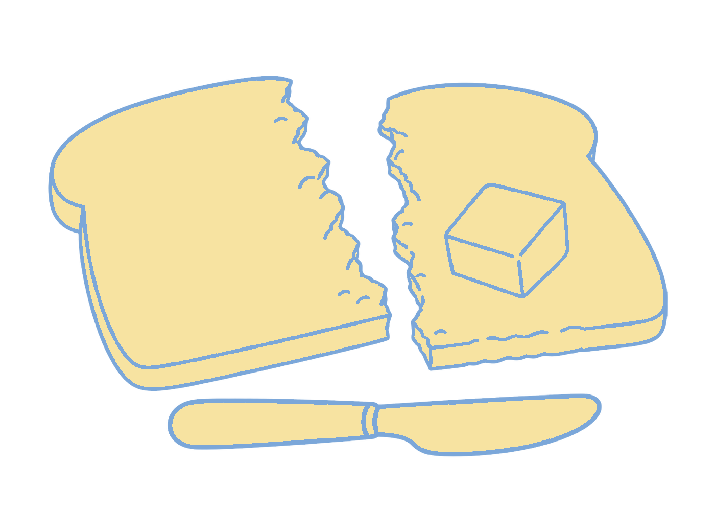 A slice of toast torn in half by a cold lump of butter